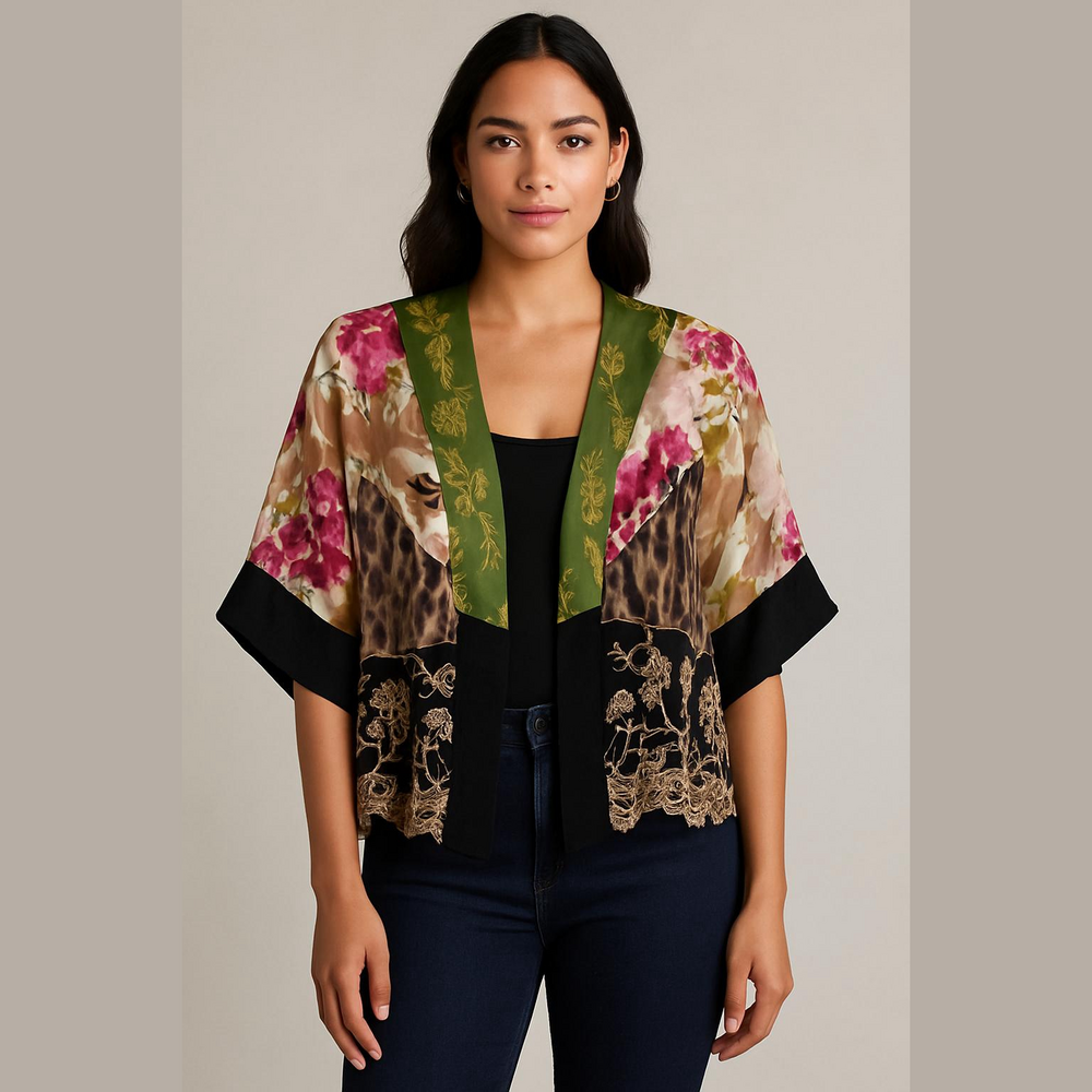 Spencer Alexis Patchwork Kimono Blouse in Green & Pink